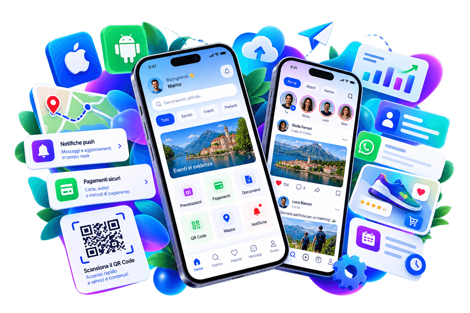 Esempi di applicazioni mobile per servizi digitali, social, prenotazioni e scansione QR Code