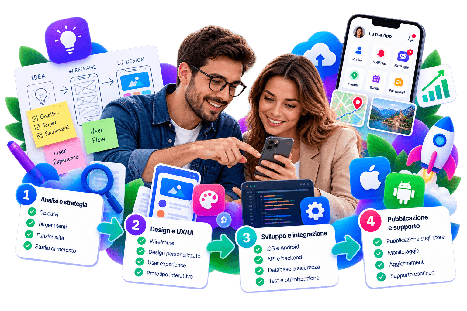 Persone che progettano e valutano insieme un'applicazione mobile